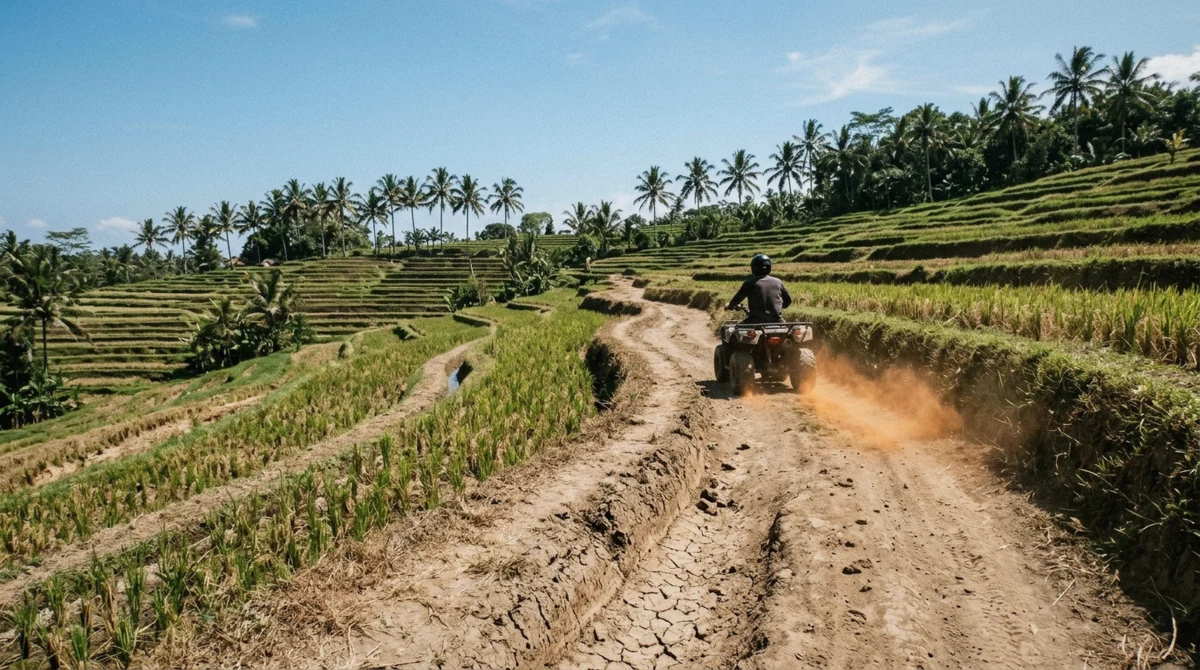 A firm, dusty jungle ATV track in Ubud during Bali's dry season, contrasted with the deep mud of the wet months