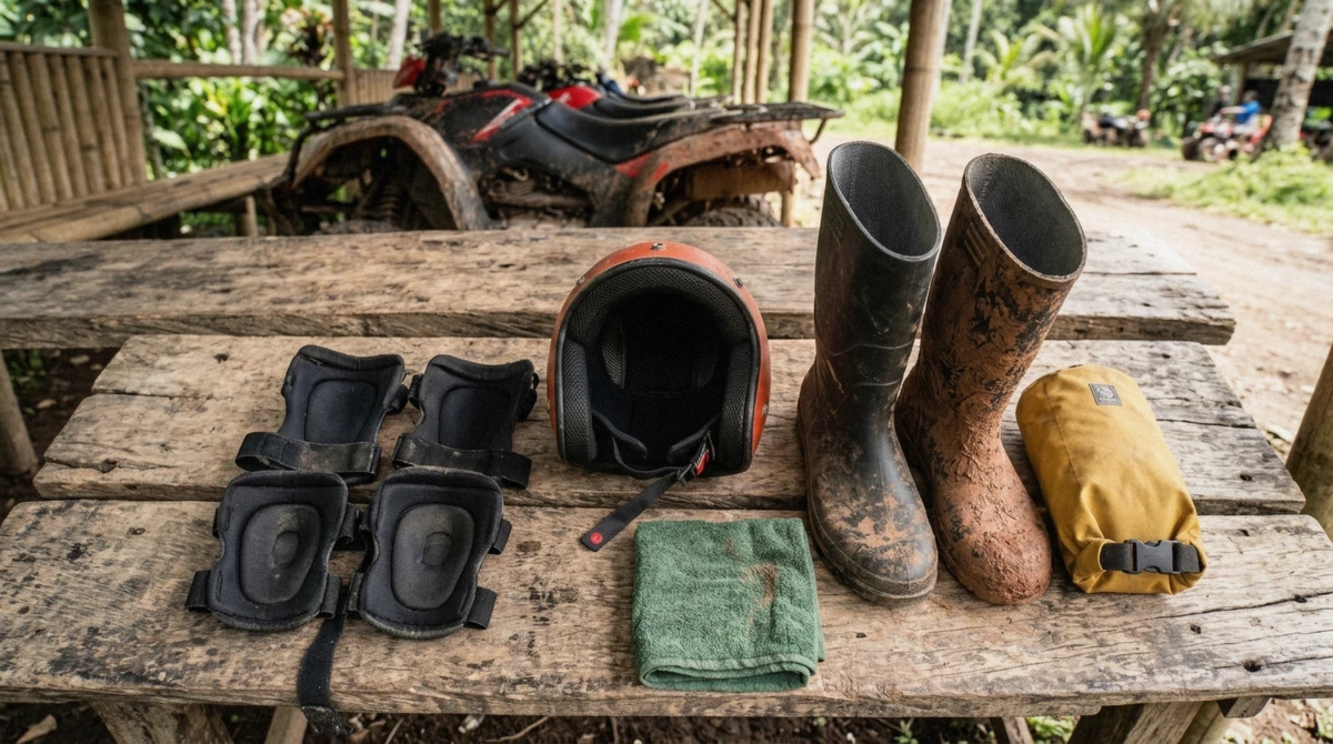 A rider's helmet and mud-splashed boots laid out at an Ubud ATV base, showing what riders wear for a Bali ATV tour