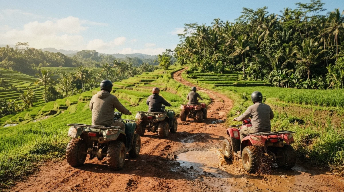 Riders on a guided Ubud ATV tour splashing through a jungle track mid-ride, mud on their quads