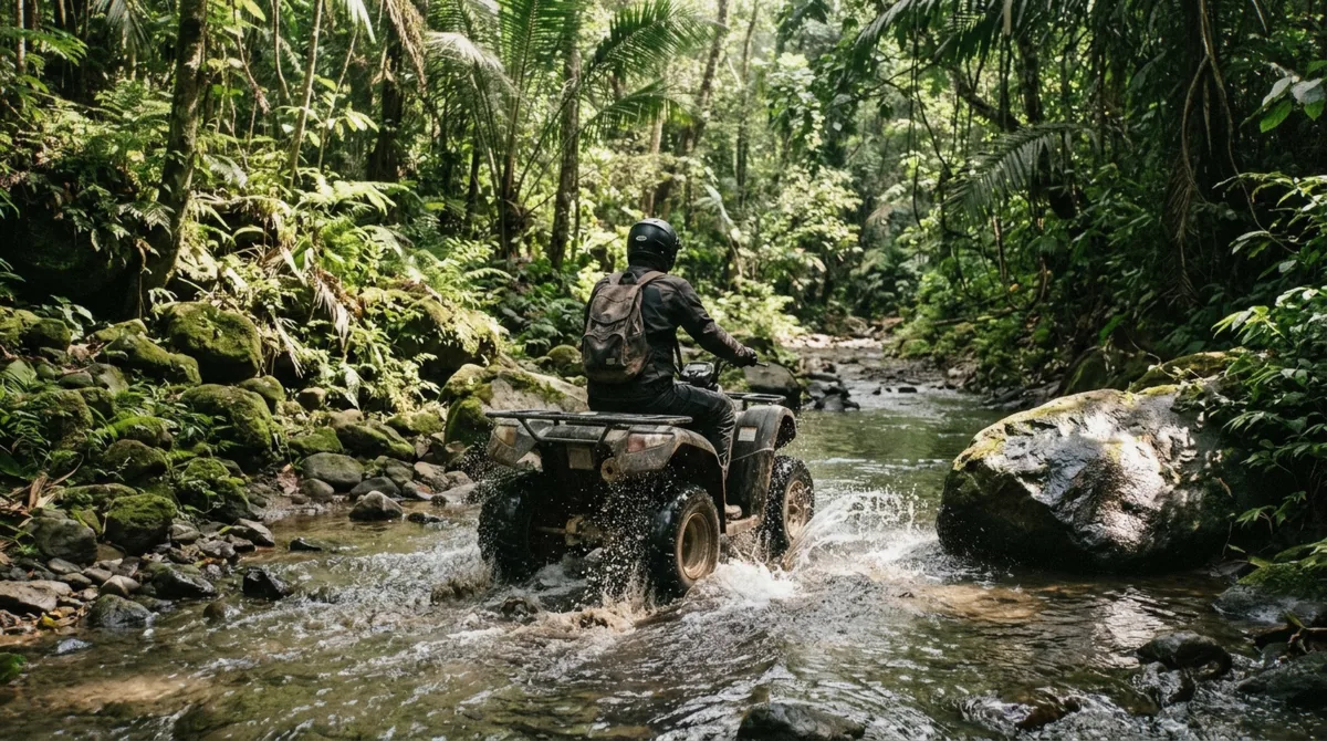 Quad bike crossing a shallow river on an ATV tour in Ubud, Bali, the kind of section families ask about
