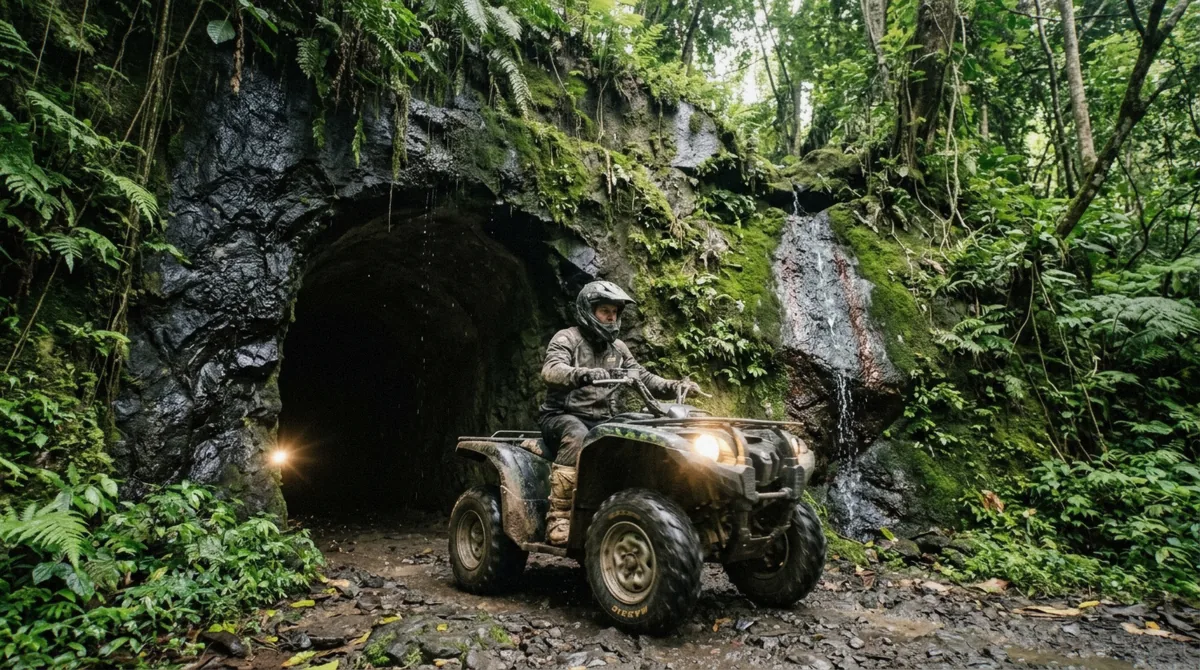 Solo rider on a single ATV quad leaving the carved Gorilla Face tunnel on an Ubud ATV tour