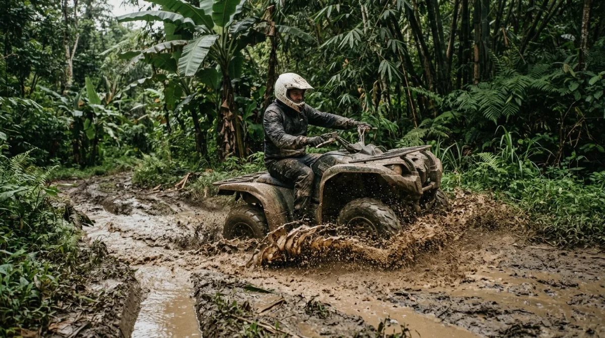 Muddy jungle trail on an Ubud ATV tour in Bali, the surface children ride as tandem passengers